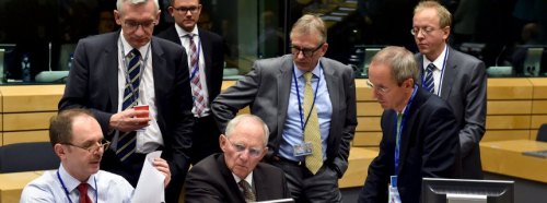 Eurogrupo con Wolfgang Schaeuble, ministro alemán de finanzas en el centro